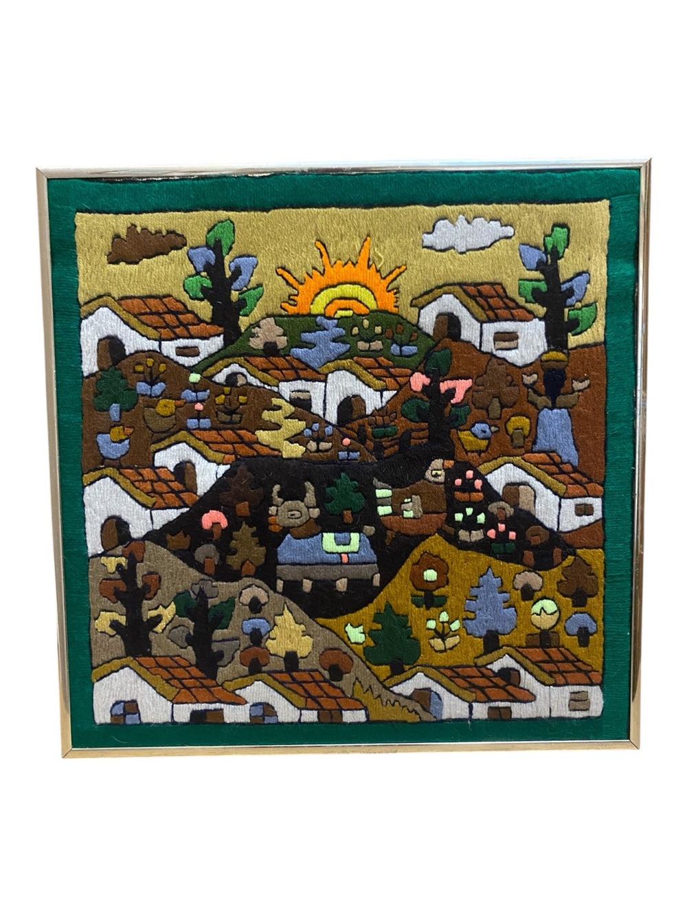 Vintage Puruvian South American Needlepoint Folk Art Wall Hanging Framed Small